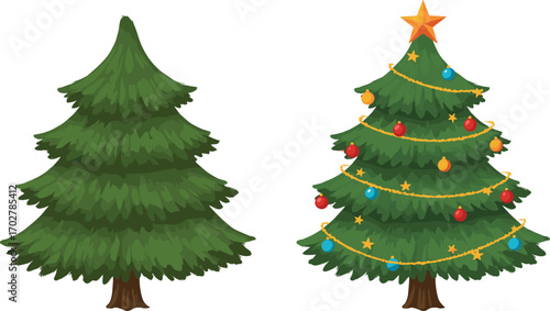 Two green Christmas trees, one plain pine and one decorated with colorful ornaments, stars, garlands, and a golden star topper
