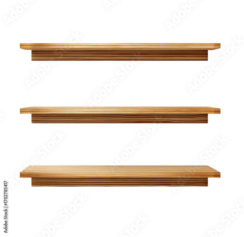 Three horizontal wooden shelves,  simple,  and flat,  against a white background.  They have a slightly raised edge and are light brownish-tan in color