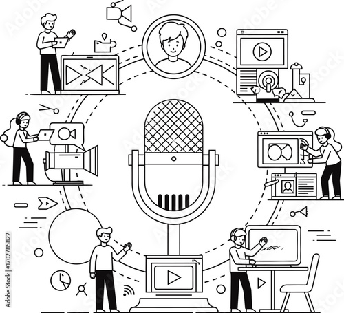 Podcast production teamwork with microphone, video editing, sound design, creative media workflow, digital collaboration, content creation tools, audio visual studio illustration