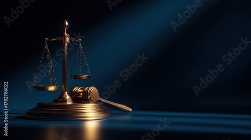 A golden scale of justice and gavel rest on a dark blue surface, illuminated by a dramatic light source.  The scene evokes themes of law, order, and judgment