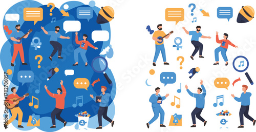 Social music gathering with dancing, guitar, icons, communication, gender symbols, cultural interaction, festive vibe, cartoon people, community celebration illustration set