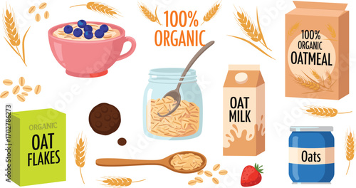 Organic oat food collection with milk, flakes, cookies, and grains—perfect for healthy eating, breakfast design, and nutrition-themed content.