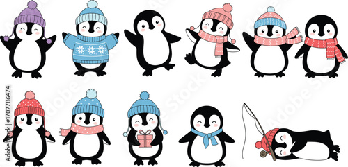 Cartoon penguins in winter outfits and playful poses, cute character set with accessories for seasonal, educational, and festive vector design