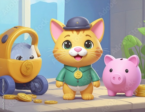 Cute cartoon cat, money, piggy bank, and money-themed vehicle