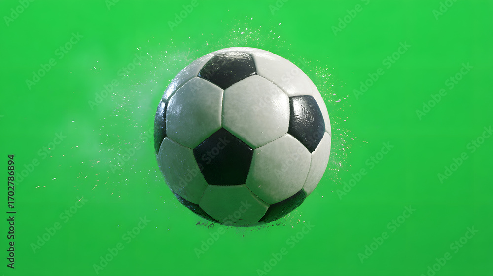 Fototapeta premium Close-up shot of a soccer ball with water droplets against a green background.
