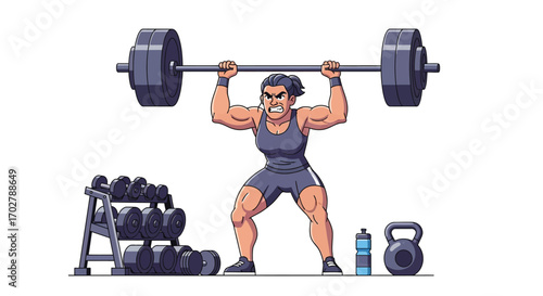 Cartoon of a muscular woman lifting a heavy barbell in a gym setting.