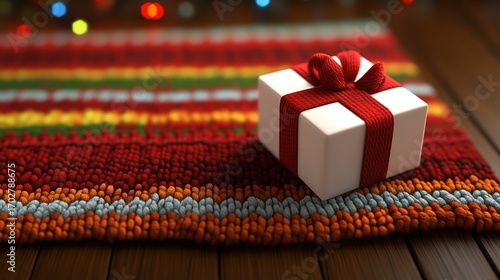 A beautifully wrapped white gift box with a red ribbon sits attractively on a cozy, colorful woven mat, perfect for holiday promotions, gift guides, or seasonal greeting cards,