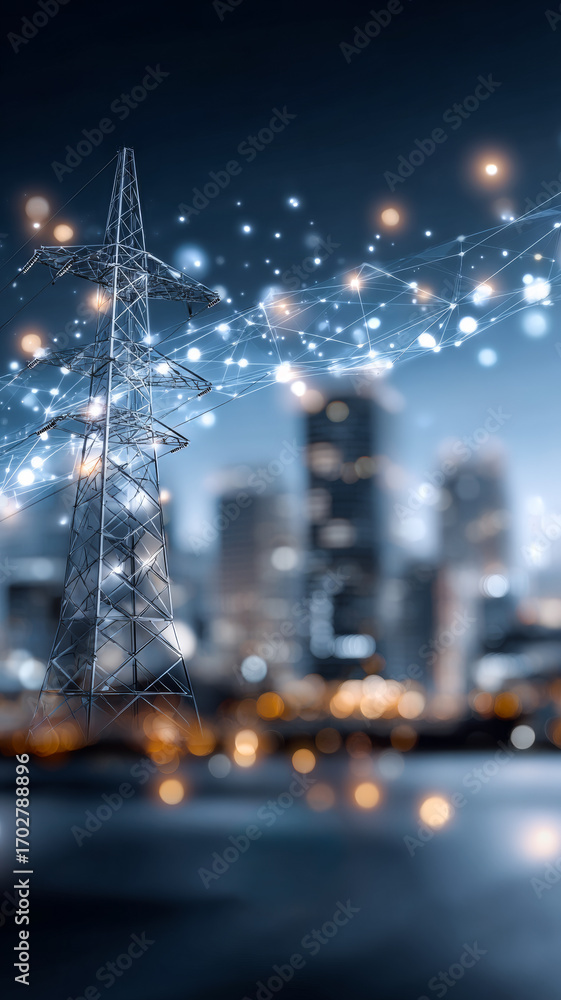 Fototapeta premium Power lines light up the night. Bright city lights shimmer near a power tower, reflecting the vibrant pulse of urban life.