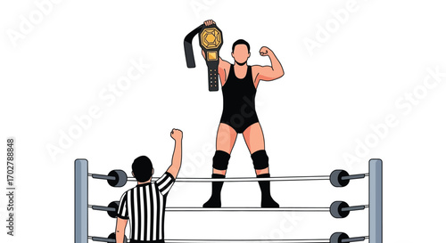 A victorious wrestler stands in a wrestling ring holding a championship belt, while a referee looks on.
