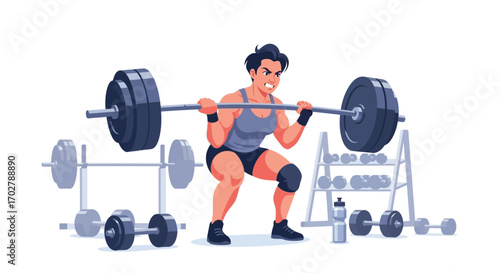 Illustration of a determined woman performing a barbell squat exercise in a gym setting.