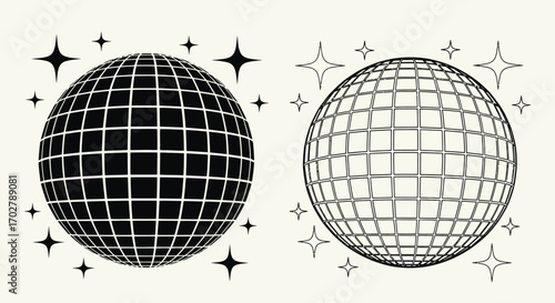A graphic illustration of two disco balls, one solid black and one an outline, surrounded by sparkling stars.