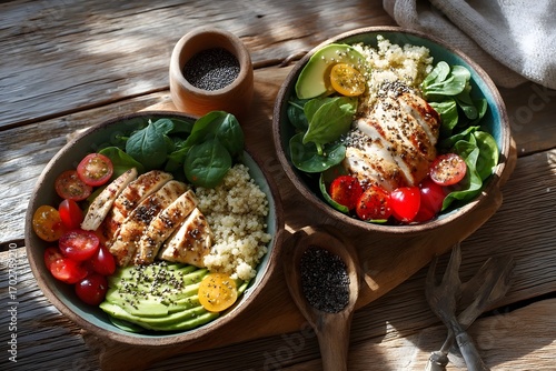 Delicious healthy salad bowls with grilled chicken, avocado, and fresh vegetables served on wooden table