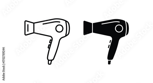 Two hair dryer illustrations, one outlined and the other filled in black, side by side.