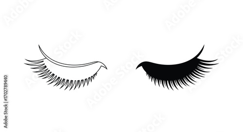 Illustration of closed eyes with long eyelashes, one in outline and one filled in black.