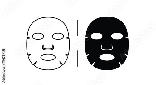 Two facial sheet masks, one in white outline and one in black solid, illustrating the concept of a facial mask.
