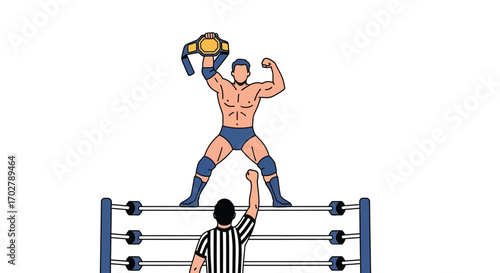 A victorious wrestler stands on the ropes holding a championship belt, while a referee looks up at him.