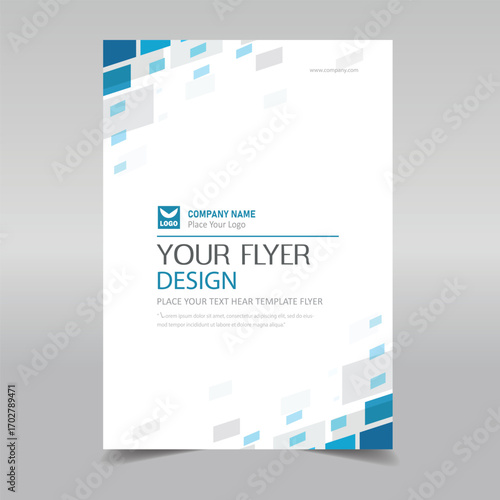Clean corporate flyer template with modern geometric square design in blue and gray tones. Professional business layout ideal for company branding, marketing, events, and promotional materials.