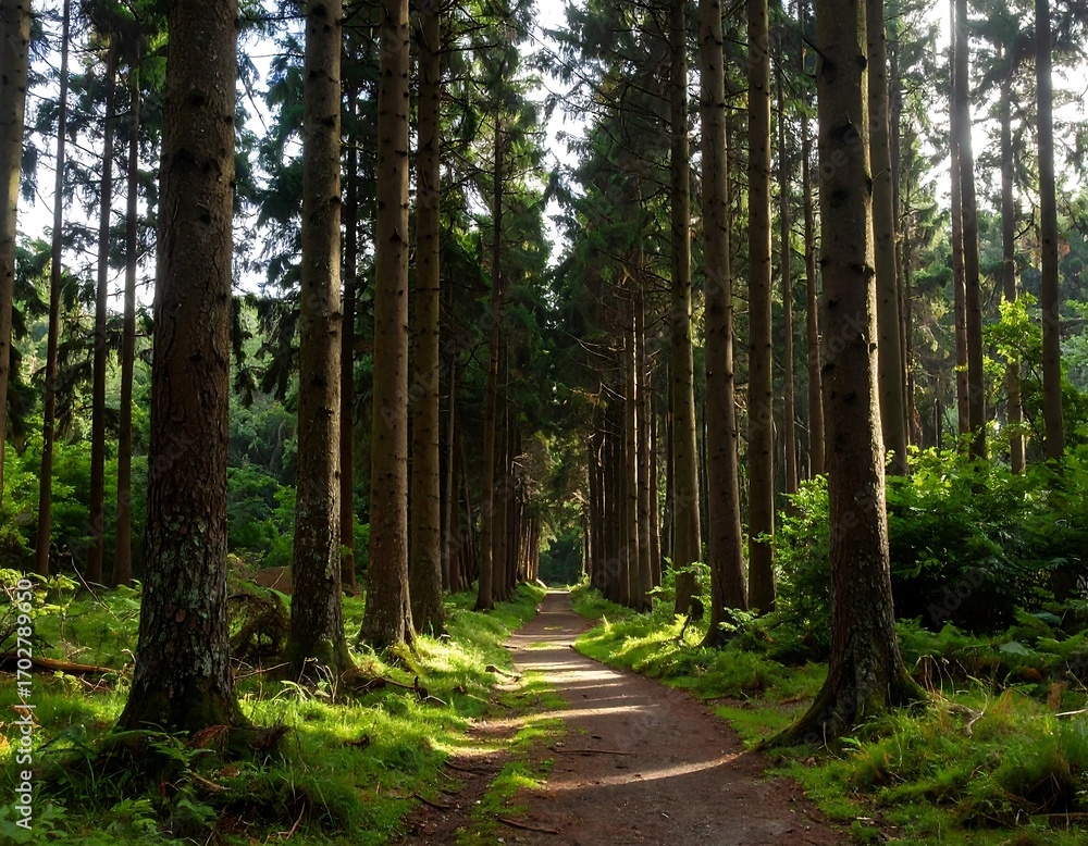 Obraz premium Sunlit path through a dense pine forest