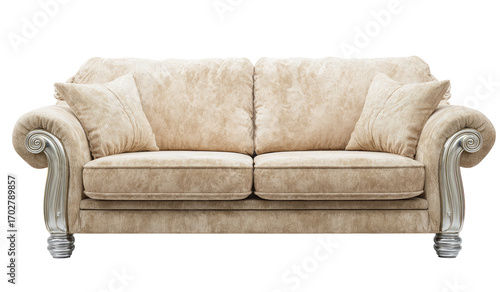 Light beige sofa with sculpted arms and legs