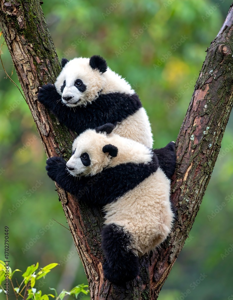 Fototapeta premium Two panda cubs in a tree (2)