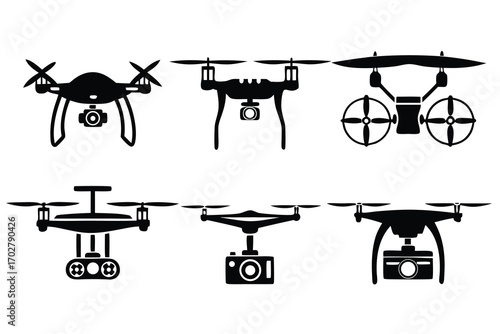Collection of Various Drone Models with Cameras Vector Set.