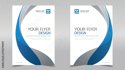 Modern corporate flyer template with elegant blue and gray wave shapes. Clean business layout for company branding, marketing, events, and promotional materials. Professional abstract design.