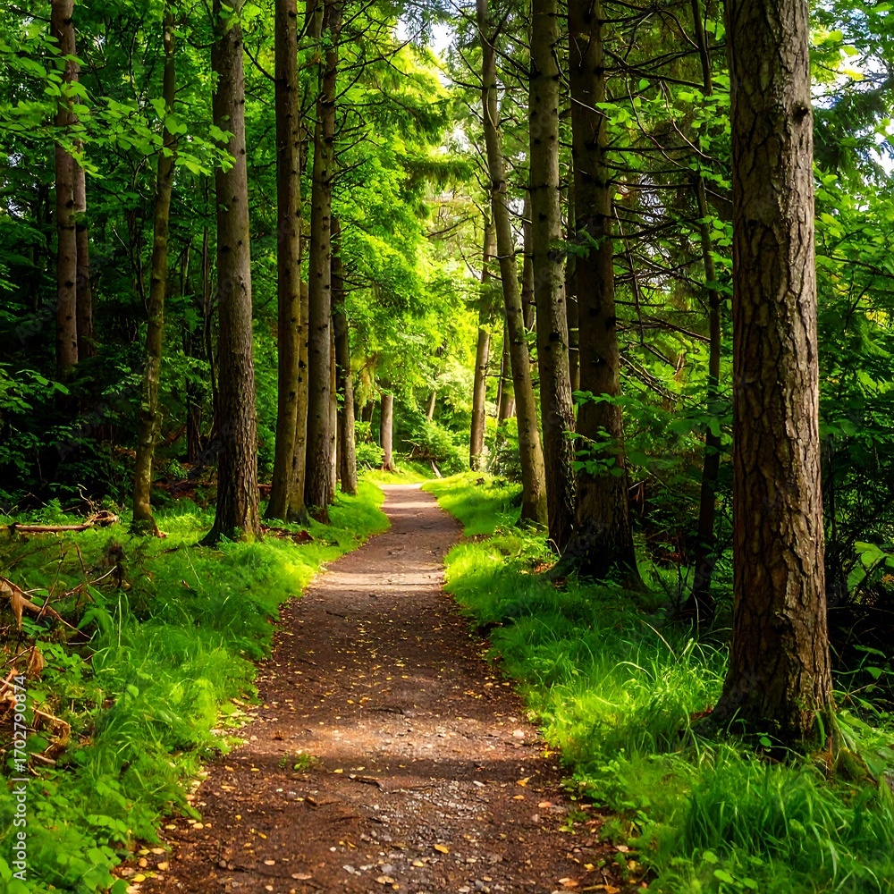 Fototapeta premium Sunlit path through a lush forest