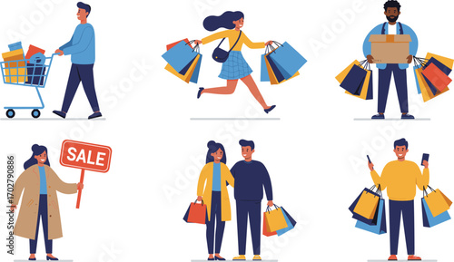 Happy people shopping with bags, carts, boxes and sale signs, cartoon shoppers during retail discount event or seasonal holiday sale