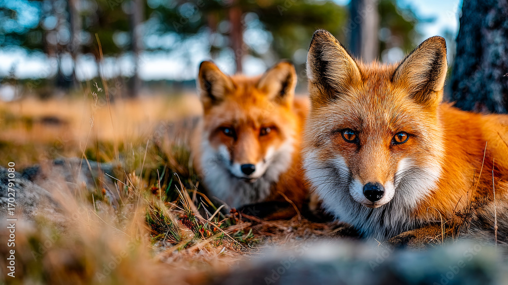 Fototapeta premium Two foxes resting in a natural setting. Two foxes with vibrant fur lie calmly in a grassy area surrounded by trees, enjoying a peaceful moment.