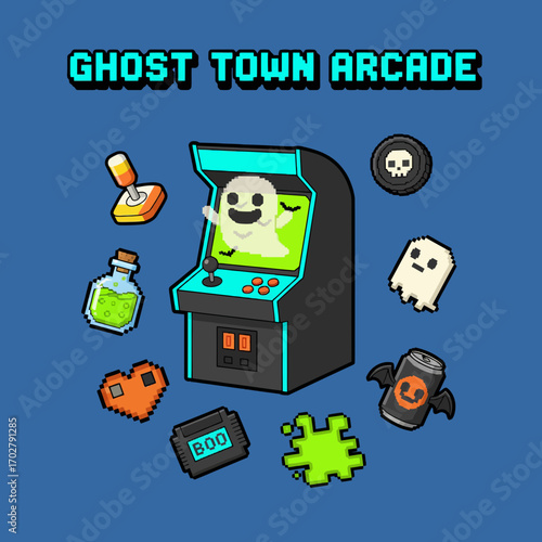 Vector illustration of ghost-themed arcade game design  