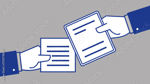 Two hands in blue suits exchanging documents with blue lines paper exchange