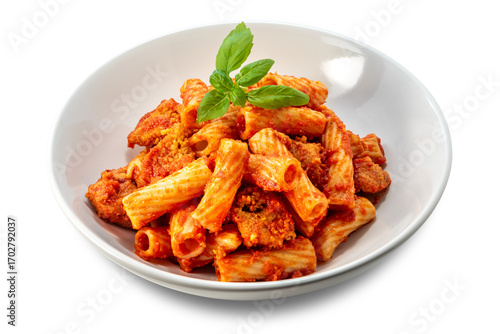 Macaroni tortiglioni pasta with tomato sauce, pieces of meat, and fresh basil leaves on a white plate isolated