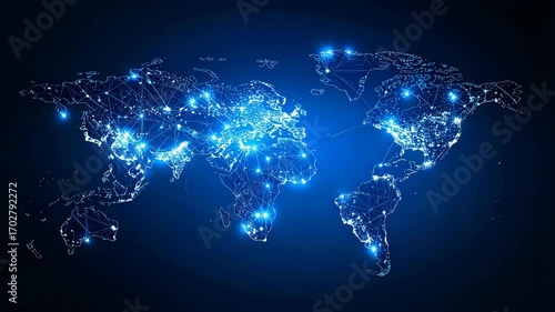 Networked world map illustration with interconnected lights and data points on a dark blue background representing global connectivity and digital infrastructure