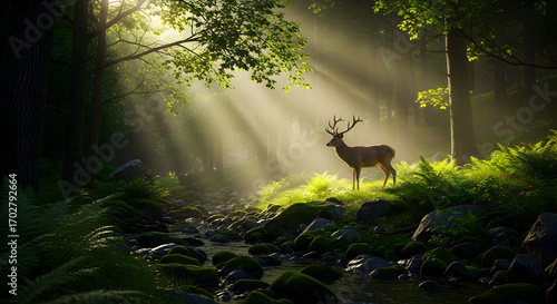 Fototapeta Naklejka Na Ścianę i Meble -  Majestic red deer stag standing in a sunlit forest clearing