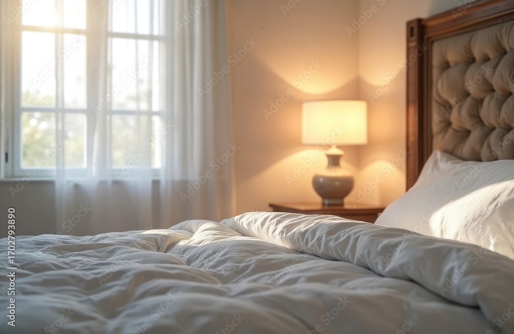 Fototapeta premium Cozy bedroom corner features tufted headboard, plush white bedding, and bedside lamp casting warm glow. Sheer curtains diffuse soft morning sunlight through window.