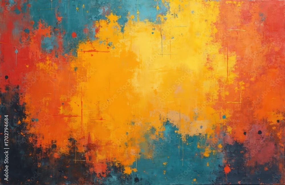 Obraz premium Grunge illustration with oil paint brush strokes on canvas. Abstract textured background with scratches elements, simple pattern. Design template with blue, yellow, red, orange splash colors.