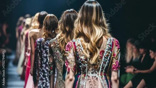 A group of women are walking down a runway in a fashion show. The women are wearing long, flowing dresses with intricate designs and patterns. The dresses are made of a variety of materials