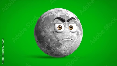 Grumpy moon with a verdant backdrop: A 3D rendered image of a cantankerous full moon, its craggy surface etched with displeasure, set against a vibrant, verdant backdrop