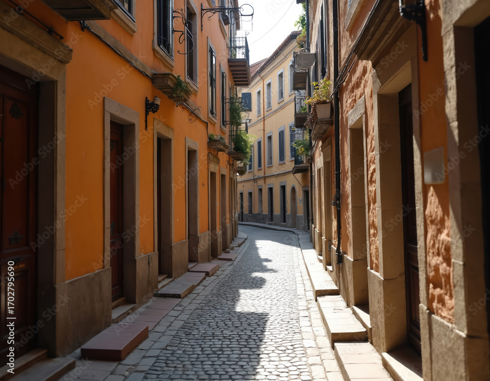 Obraz premium Narrow cobblestone alley between orange houses in old european town. Architecture of stone buildings with doors, windows, balconies. Cozy urban landscape. Travel destinations, tourism, historical
