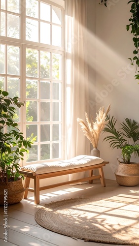 Sunlit room with wooden bench