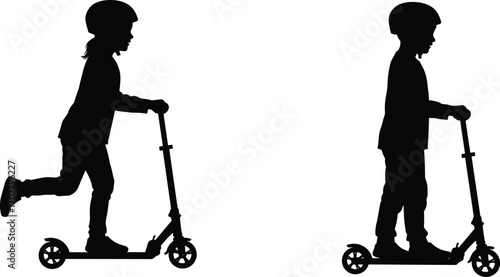 Silhouettes of kids riding scooters, outdoor fun, active children, healthy lifestyle, motion, playtime, helmet safety, childhood, fun activity