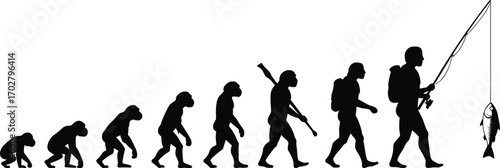 evolution, human, primate, ape, fishing, rod, survival, nature, progress, history, species, silhouette, development, man, growth, human evolution, fishing rod, modern human