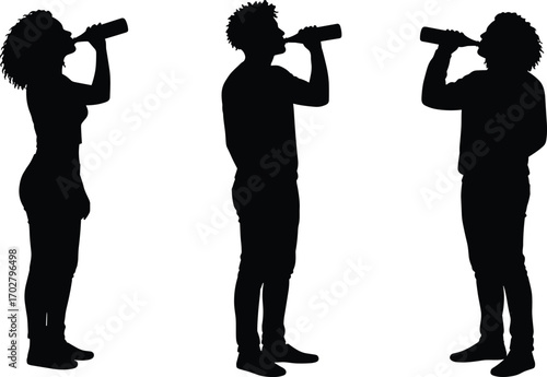 Silhouette of people drinking from bottles, hydration, health, lifestyle, refreshment, standing poses, beverage consumption, casual drinking, black outline art