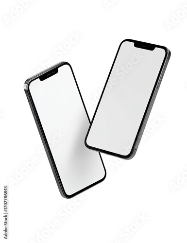Two modern smartphones, black, with blank screens, appear to float in the air.  They are angled, positioned slightly apart.