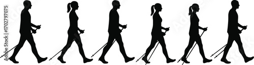 people trekking poles silhouette, man and woman hiking, walking with poles, outdoor fitness, trekking activity, nature walk silhouette, active lifestyle, healthy walking, hiking with sticks