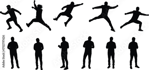 jumping man, standing man, silhouette man, action pose, male silhouette, fitness pose, athletic man, free run, jumping silhouette, urban motion, thinking man