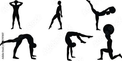 fitness silhouette, exercise pose, gym workout, body stretch, fitness ball, stretching position, yoga silhouette, gymnastic move, workout figure, stretching man, exercise woman