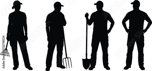 gardening, workers, silhouettes, farmer, landscaper, tools, rake, shovel, pitchfork, garden labor, agriculture