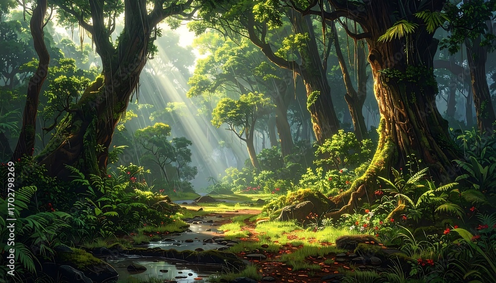 Obraz premium Enchanting Forest Glade with Sunbeams Filtering Through Dense Foliage