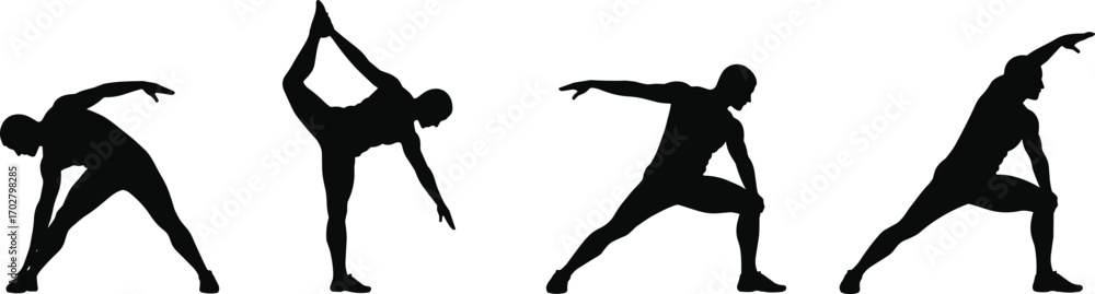 Obraz premium yoga, stretching, fitness, exercise, silhouettes, workout, healthy, wellness, balance, flexibility, meditation, poses, male, training, gym, body, calm, strength, sport, athletic